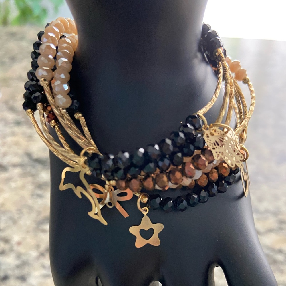 7sets white,brown,gold,black semanario Stackable Bracelet MultiLayer Stretch Set